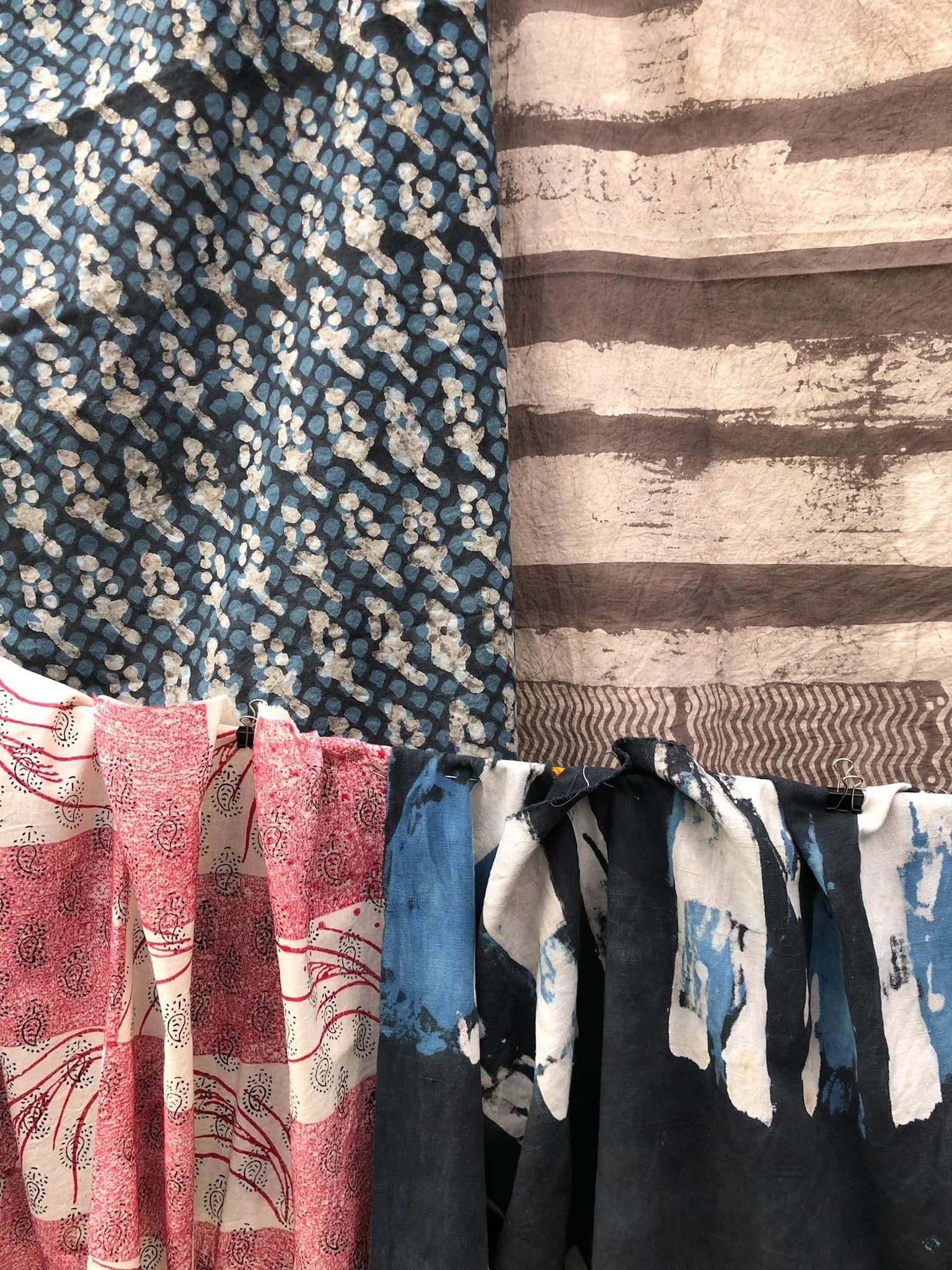Hand printed fabrics on display